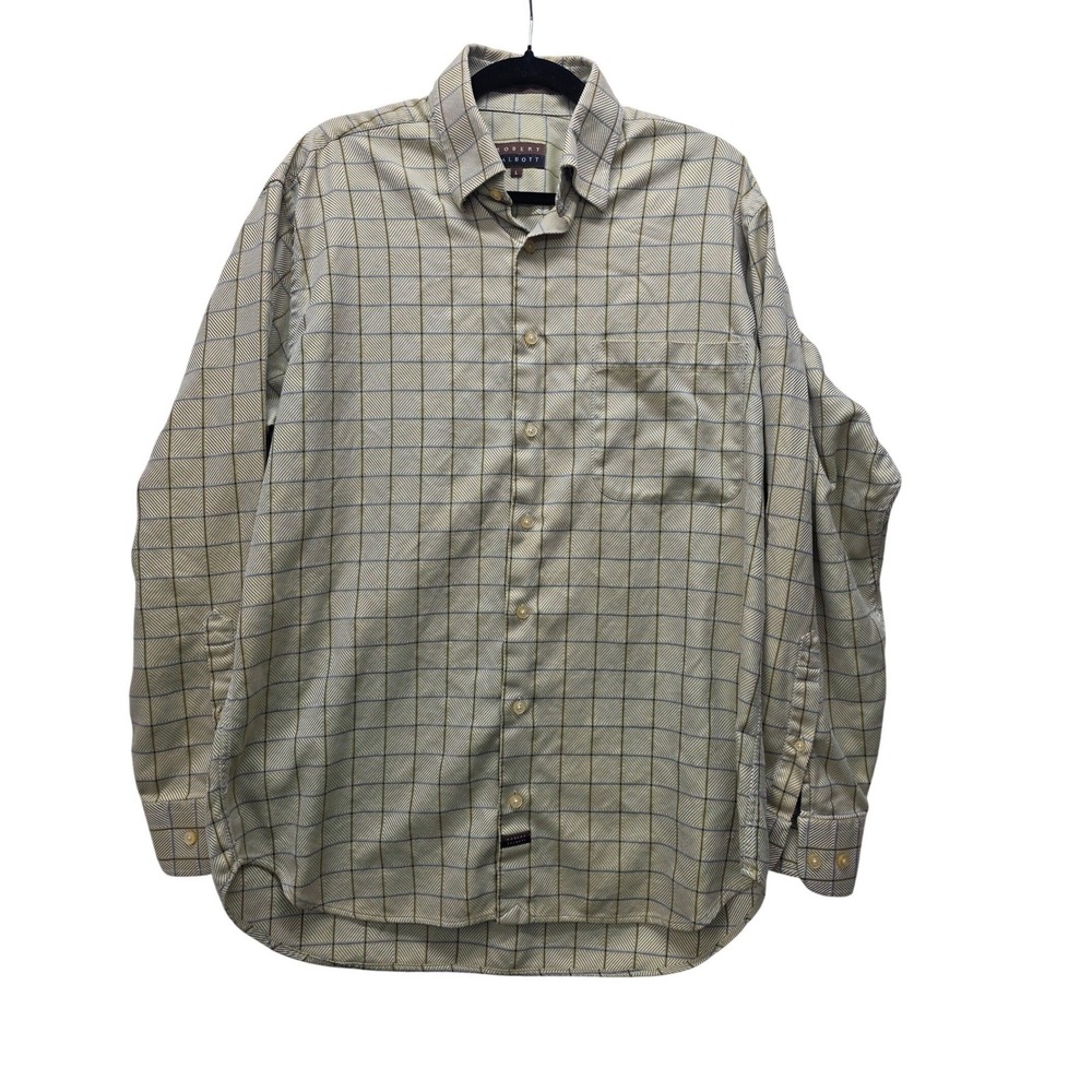 Robert Talbott Mens Large Tan Green Check Herringbone Button Down Shirt L Turkey